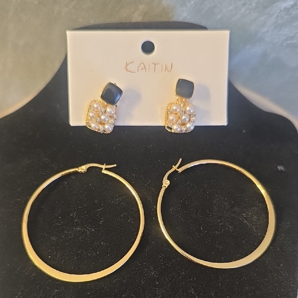 Katin 2 Earrings Set, Pearls Studs & Large Gold Hoops New